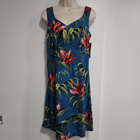 Hilo Hattie Sz S Sleeveless Blue Bird of Paradise Floral‎ Print V-neck Dress NEW - Picture 1 of 7